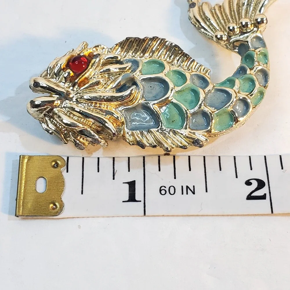 Vintage Gold Tone Green Blue Enamel Fantasy Fish Serpent Red Eye Brooch Pin